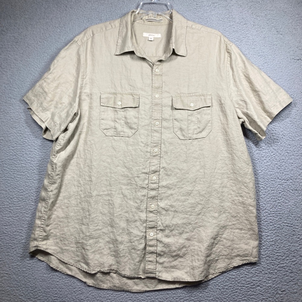 Merona Button Up Shirt Men XXL Tan 100% Linen Short Sleeve Pocket Khaki